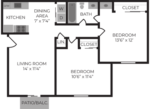 Floor plan for 2 beds, 1 bath, 750 sqft